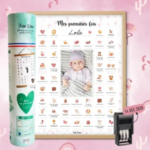 Coffret Cadre Beige “Mes Premières Fois” à tamponner – Thème Flamant Rose