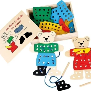 Jeu d'enfilage ours à habiller en bois
