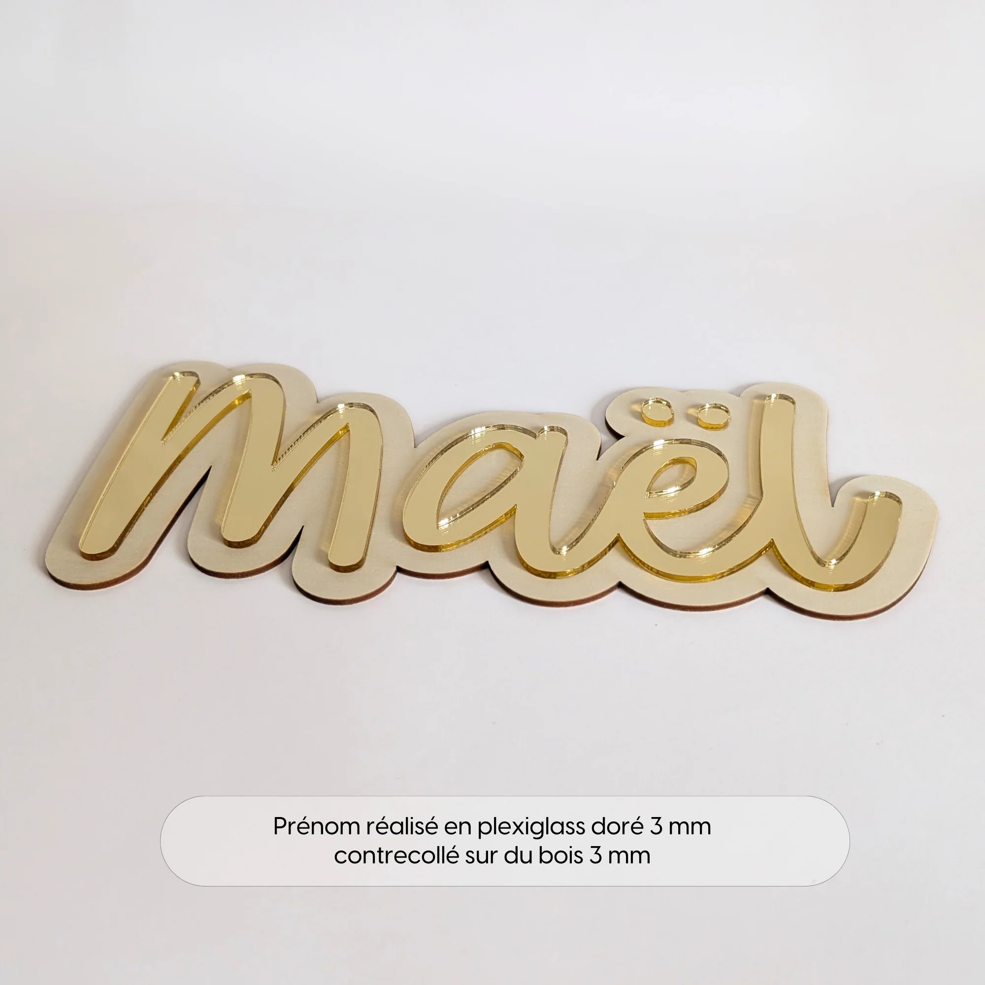 Prénom porte chambre | Decoration chambre enfant - Prénom bi-matière bois et plexiglass doré – Image 3