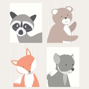 Lot de 4 affiches bébé avec des animaux de la forêt