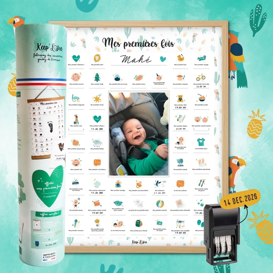 Coffret Cadre Beige “Mes Premières Fois” à tamponner – Thème Perroquet