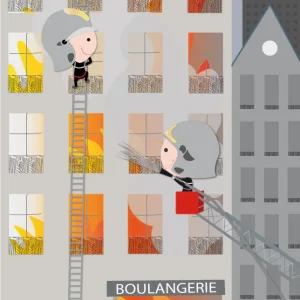 Déco murale géante des pompiers intervenant sur un immeuble en feu