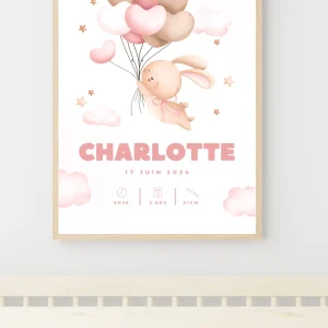 Affiche naissance personnalisé - Lapin rose