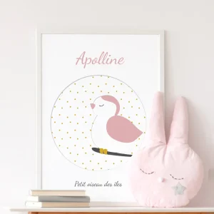 Affiche personnalisable du petit oiseau rose poudré et doré