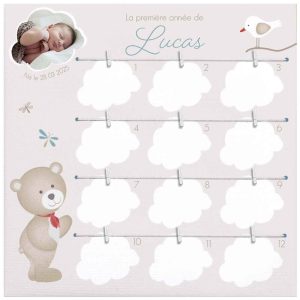 Cadre photo première année personnalisé – Thème Ourson & Nuage