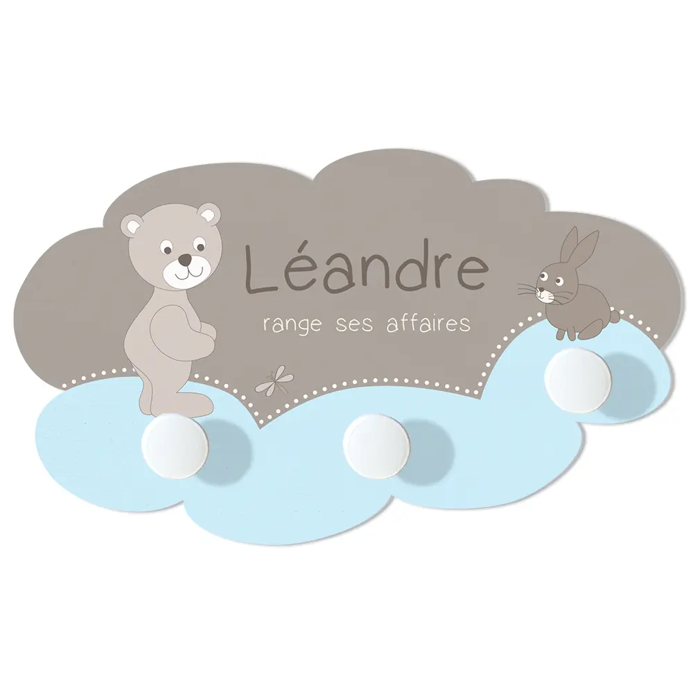 Grand portemanteau en forme de nuage avec ourson et lapin