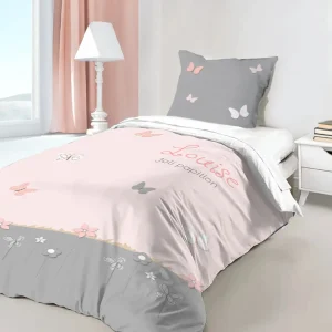 Housse de couette papillons personnalisée rose poudré et grise
